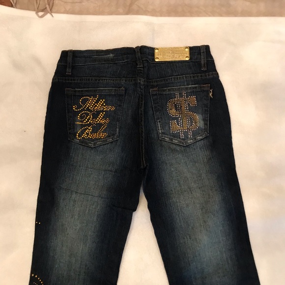 Unique Million dollar babe rhinestone & metal stud embellished blue jeans Money - Picture 6 of 16